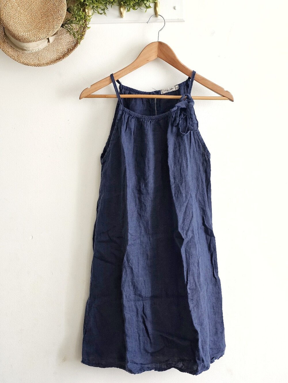 Lungo L'Arno Italy 100% Linen Navy Blue Tie Shoulder Shift Dress S